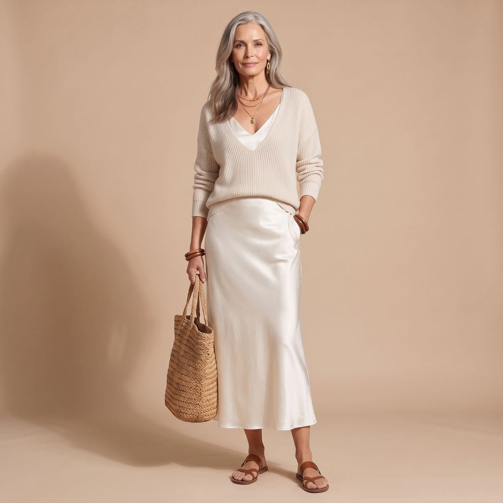 Women's V-Neck Ribbed Knit Sweater Satin Midi Skirt Set