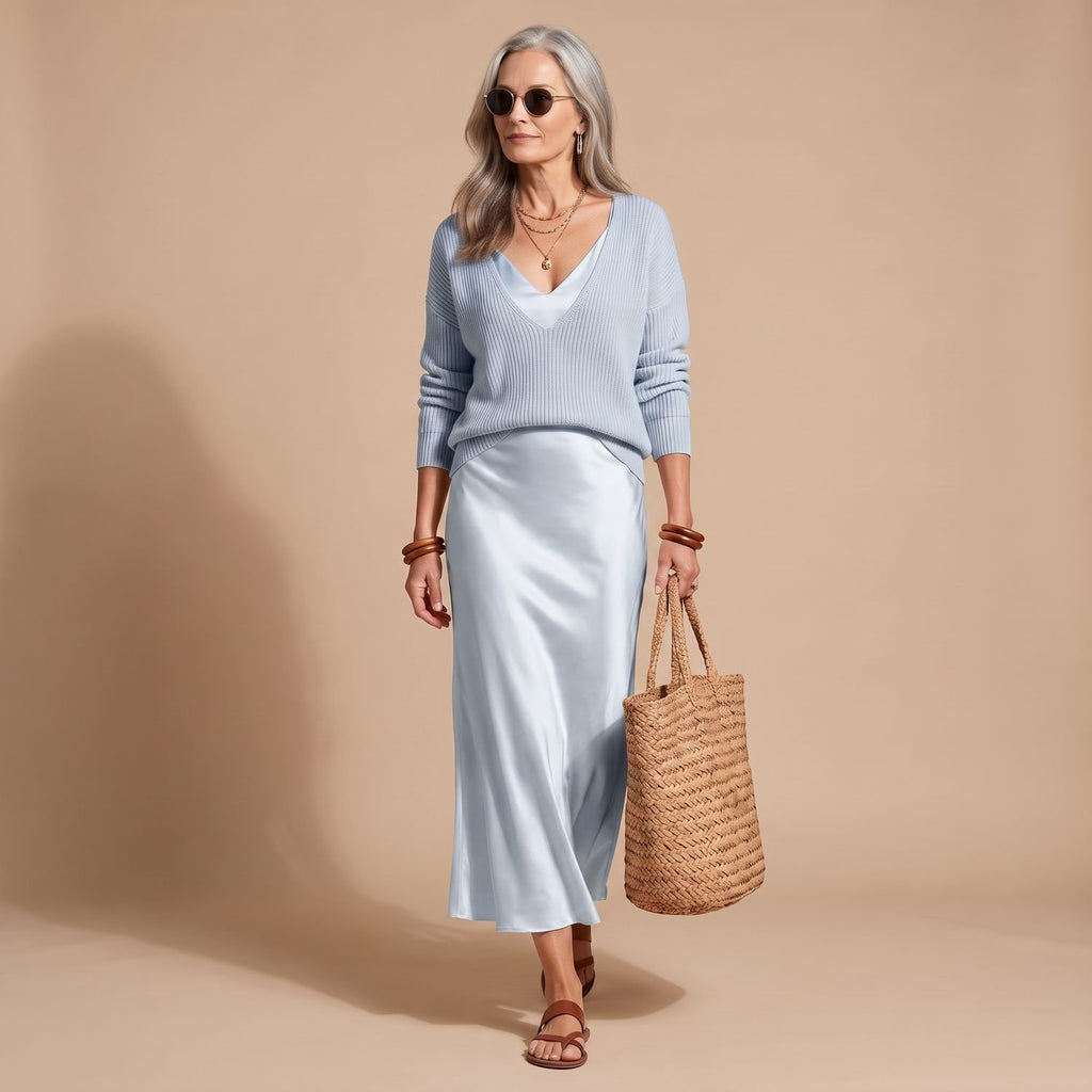 Women's V-Neck Ribbed Knit Sweater Satin Midi Skirt Set