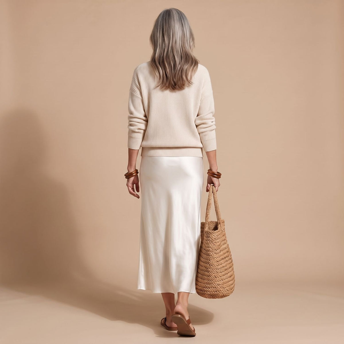 Women's V-Neck Ribbed Knit Sweater Satin Midi Skirt Set