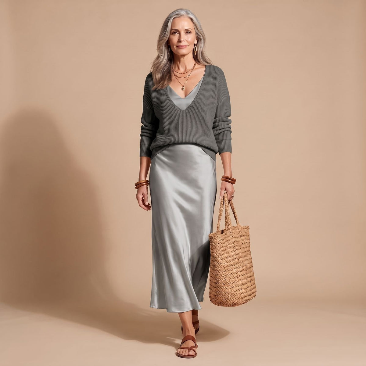 Women's V-Neck Ribbed Knit Sweater Satin Midi Skirt Set - Grey