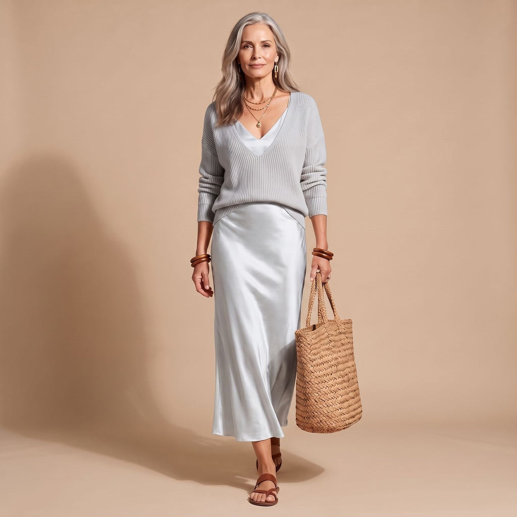 Women's V-Neck Ribbed Knit Sweater Satin Midi Skirt Set - Blue