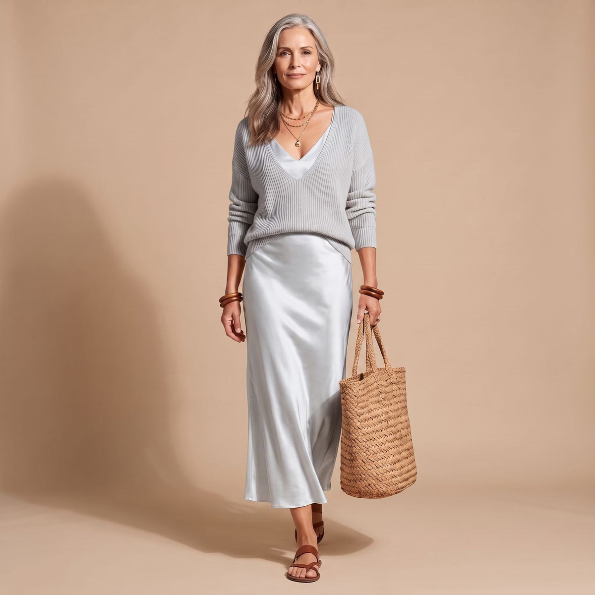 Women's V-Neck Ribbed Knit Sweater Satin Midi Skirt Set - Blue