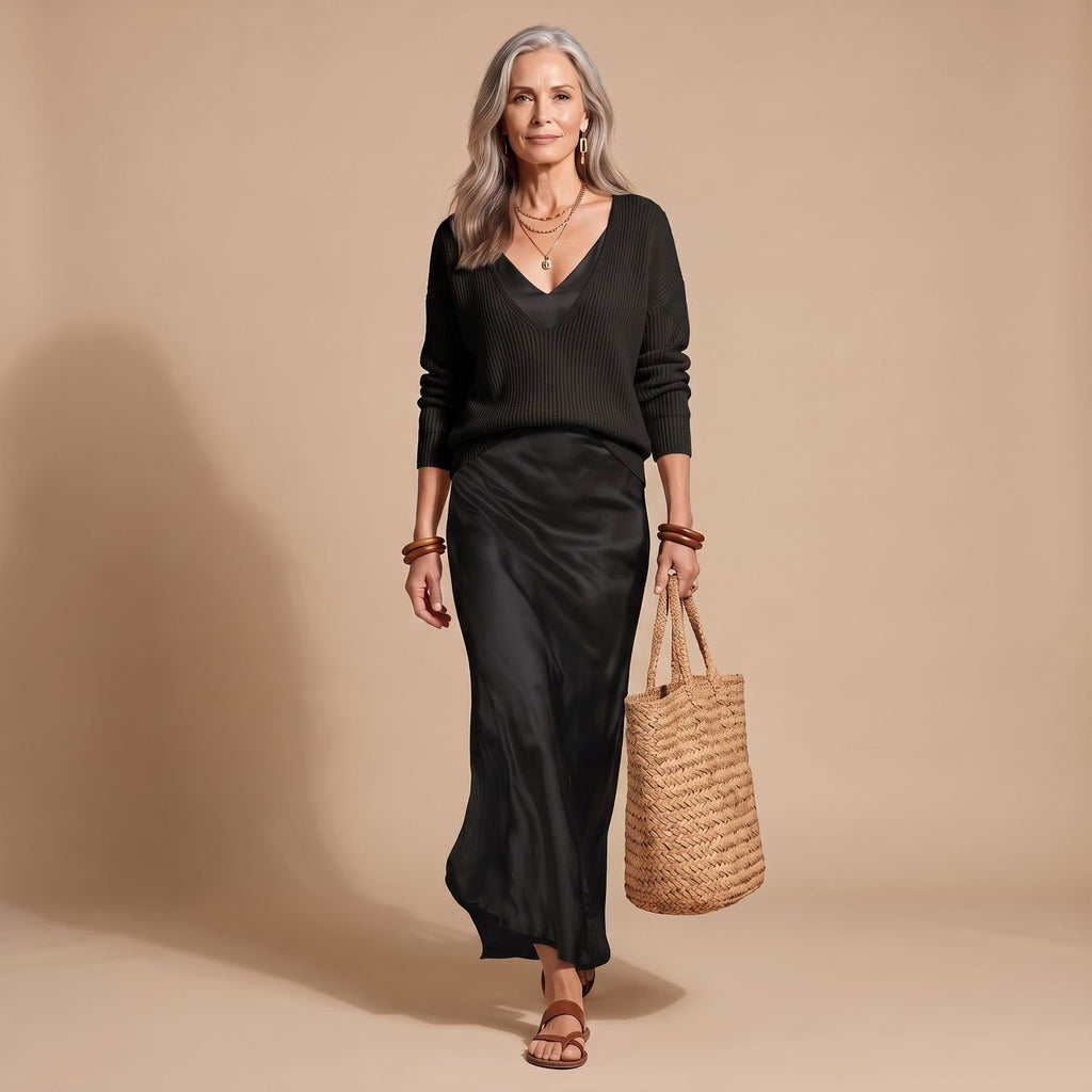Women's V-Neck Ribbed Knit Sweater Satin Midi Skirt Set - Black