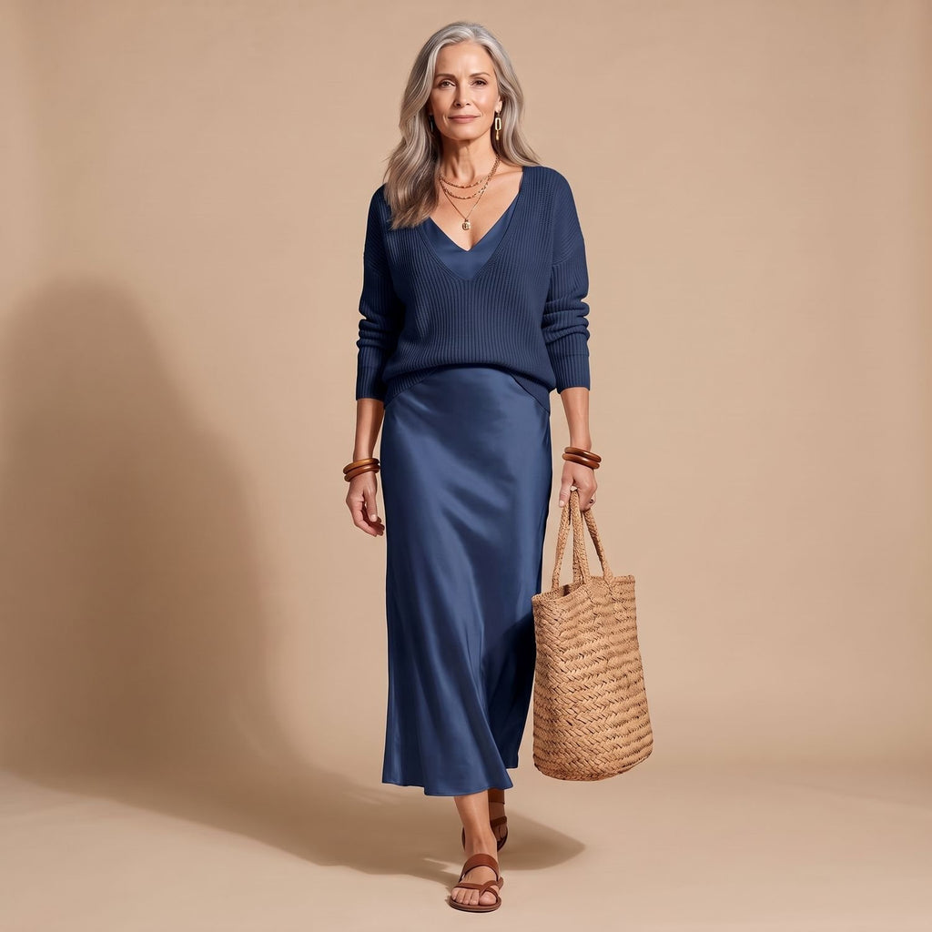 Women's V-Neck Ribbed Knit Sweater Satin Midi Skirt Set - Navy Blue
