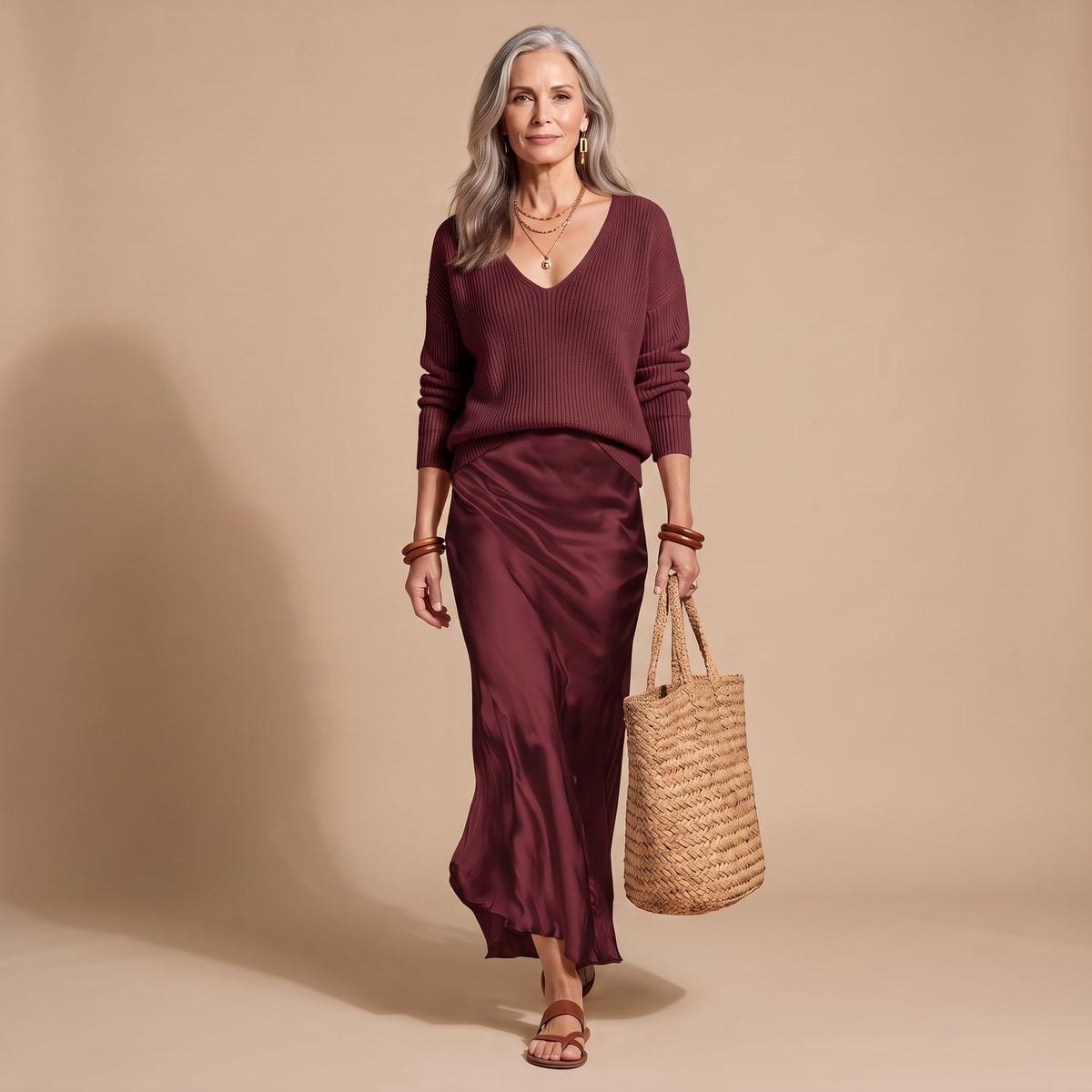 Women's V-Neck Ribbed Knit Sweater Satin Midi Skirt Set - Red