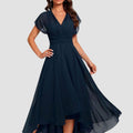 Women's V-Neck Ruched-Waist Chiffon A-Line Midi Dress - Blue