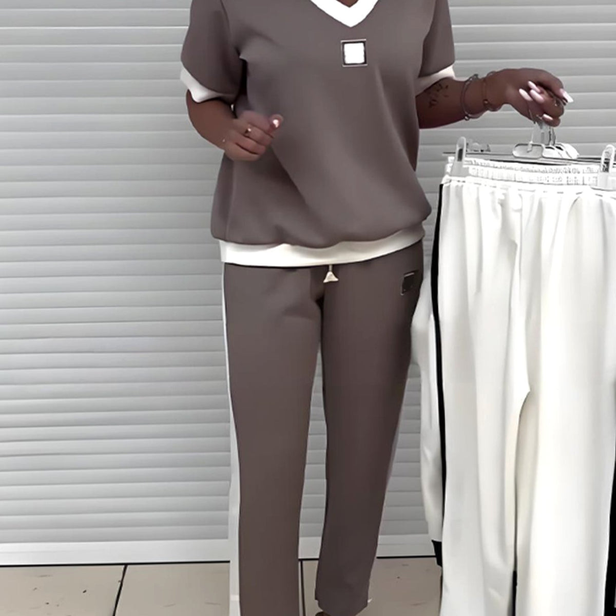 Women's V-Neck Short-Sleeve Drawstring Two-Piece Lounge Set