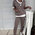 Women's V-Neck Short-Sleeve Drawstring Two-Piece Lounge Set - Brown