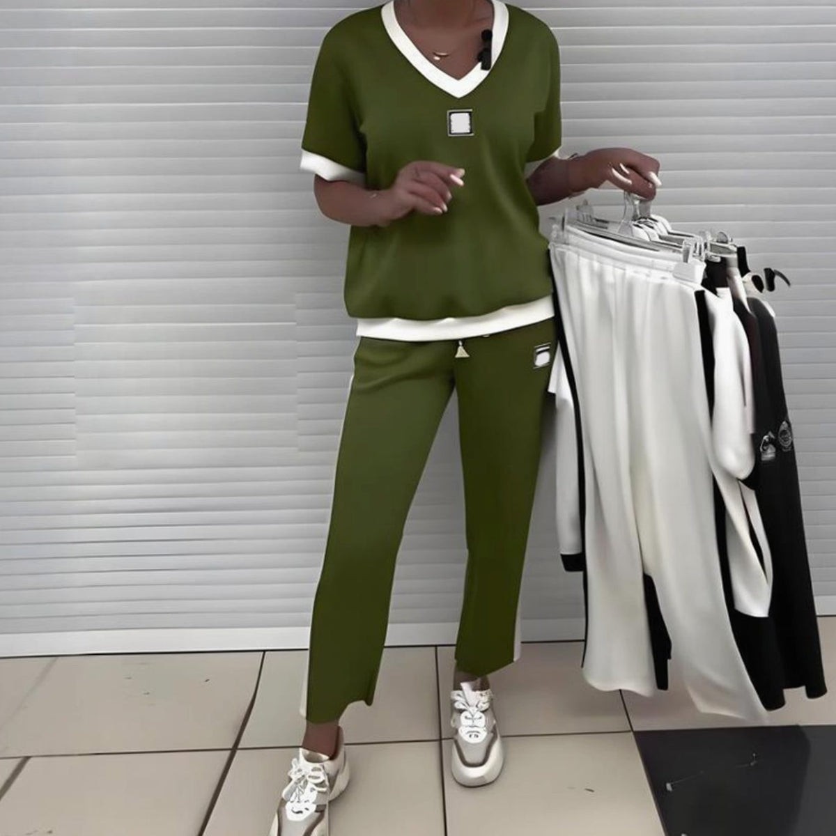 Women's V-Neck Short-Sleeve Drawstring Two-Piece Lounge Set - Green
