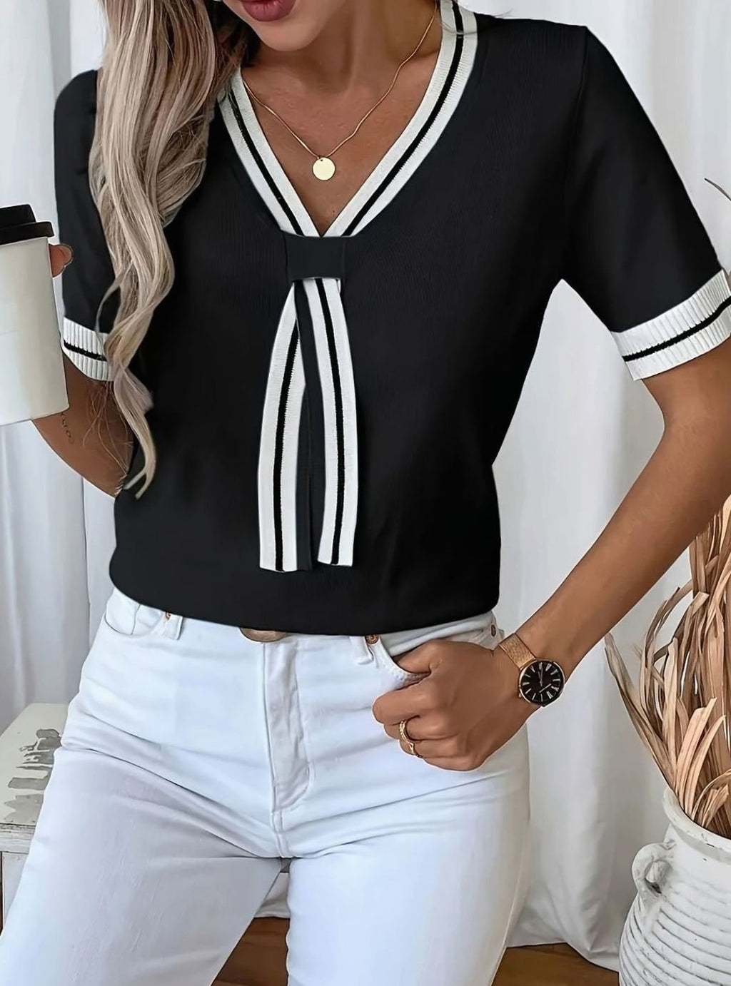 Women's V-Neck Short-Sleeve Tie-Neck Knit Sweater - Black