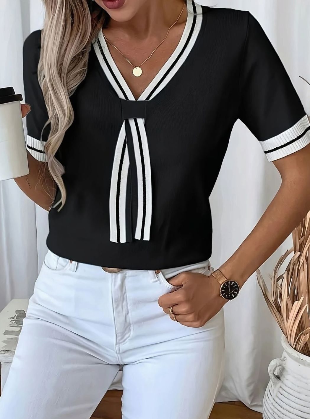 Women's V-Neck Short-Sleeve Tie-Neck Knit Sweater - Black
