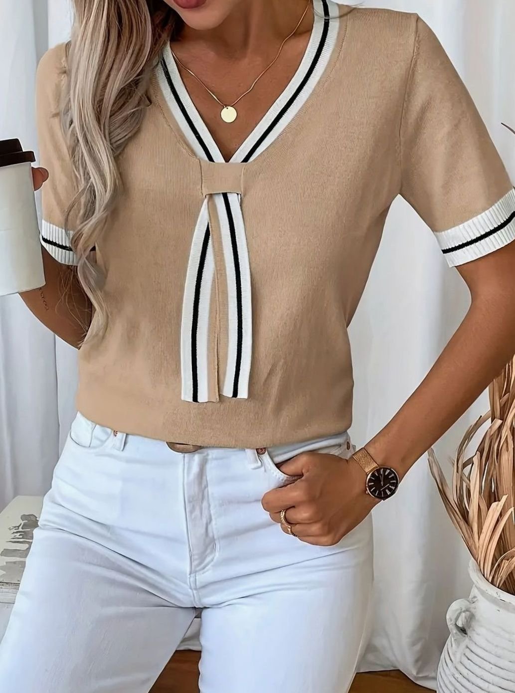 Women's V-Neck Short-Sleeve Tie-Neck Knit Sweater - Khaki