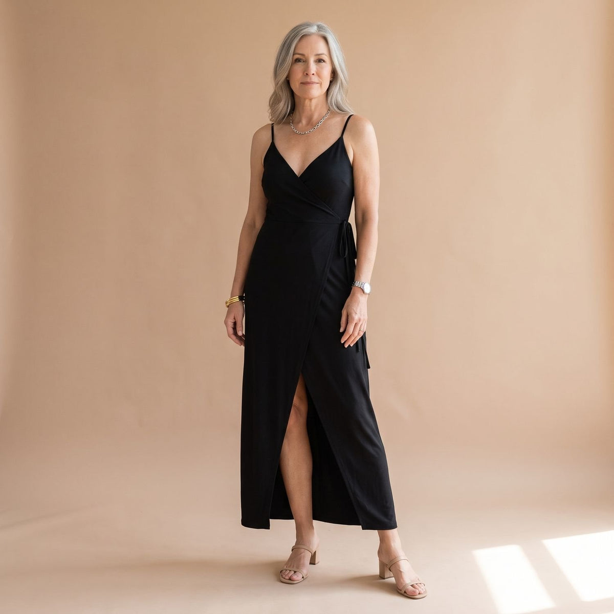 Women's V-Neck Spaghetti Strap Wrap Maxi Dress High Slit - Black