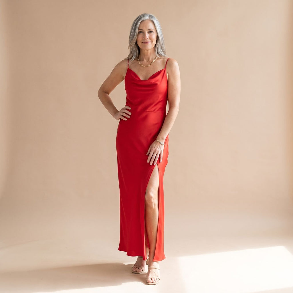Women's V-Neck Spaghetti Strap Wrap Maxi Dress High Slit - Red