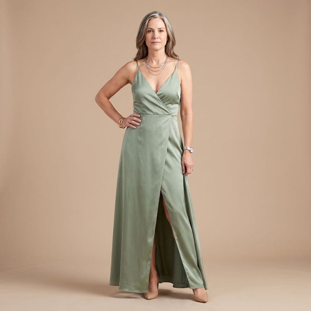 Women's V-Neck Spaghetti Strap Wrap Maxi Dress High Slit - Green