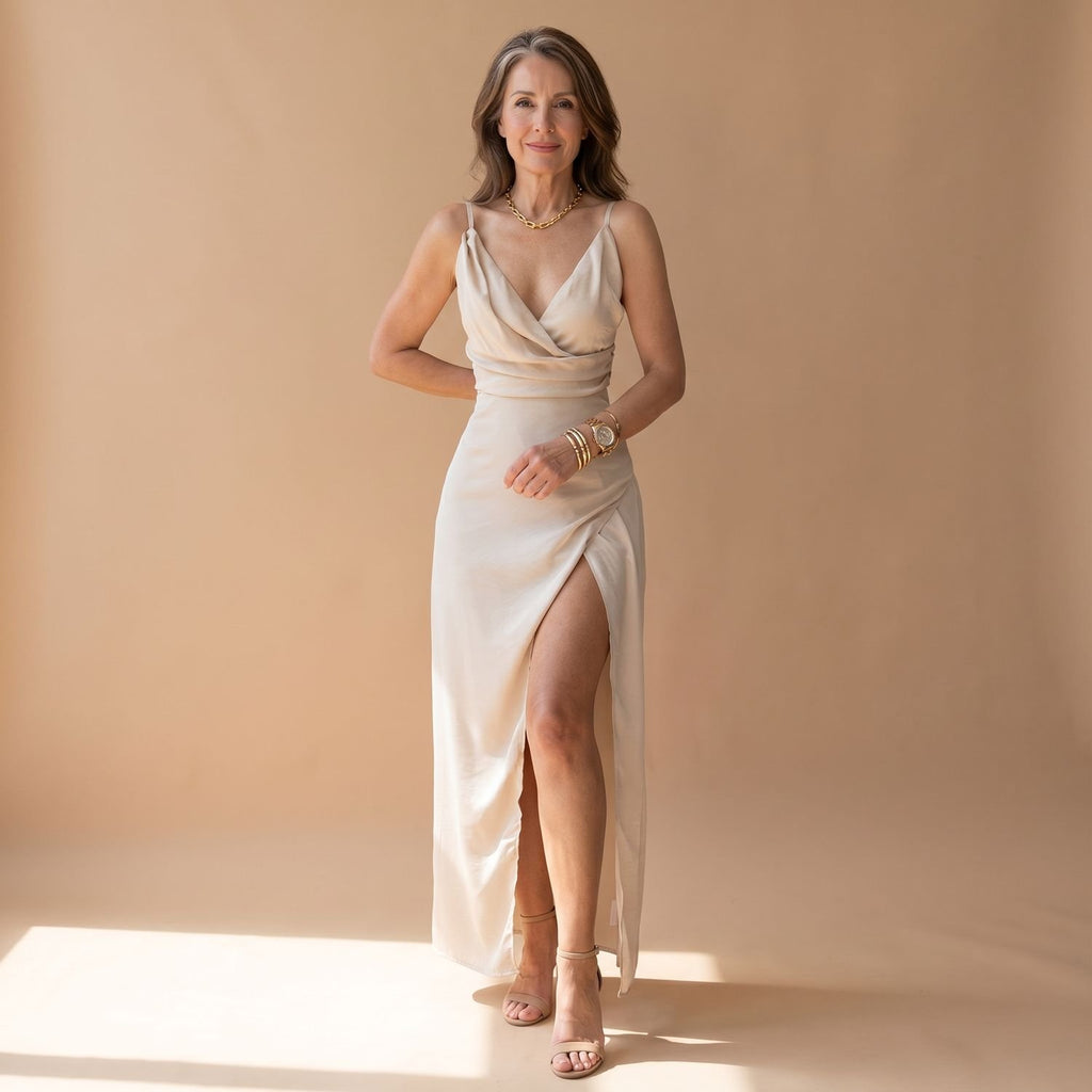 Women's V-Neck Spaghetti Strap Wrap Maxi Dress High Slit - Beige