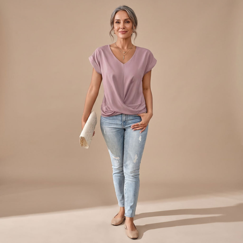 Women's V-Neck Twist-Front Cap Sleeve Blouse - Pink