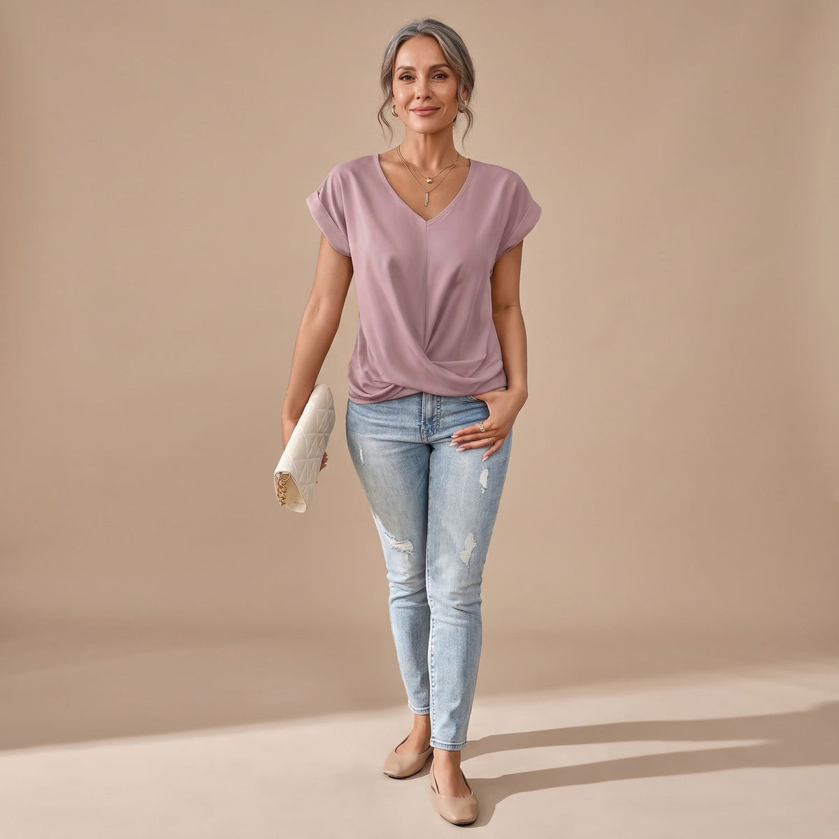 Women's V-Neck Twist-Front Cap Sleeve Blouse - Pink