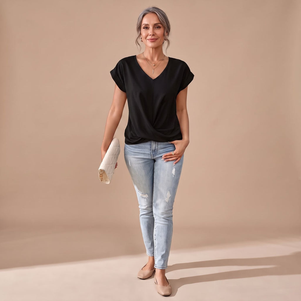 Women's V-Neck Twist-Front Cap Sleeve Blouse - Black