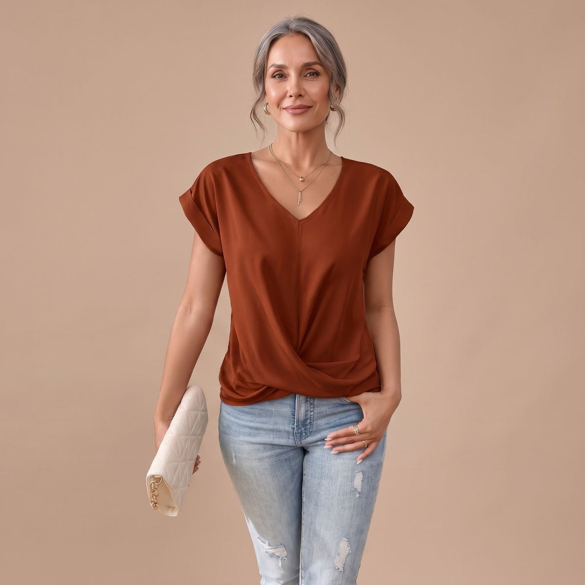 Women's V-Neck Twist-Front Cap Sleeve Blouse - Red