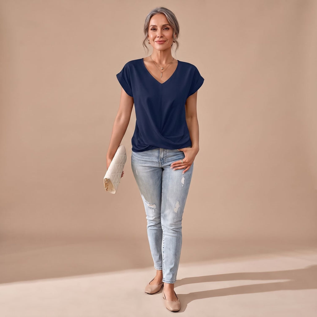 Women's V-Neck Twist-Front Cap Sleeve Blouse - Blue