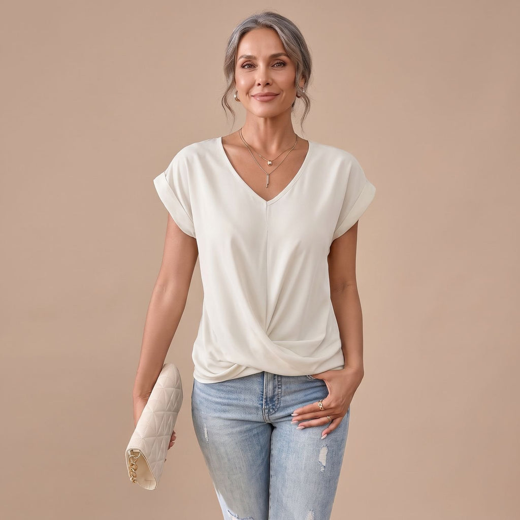 Women's V-Neck Twist-Front Cap Sleeve Blouse - White