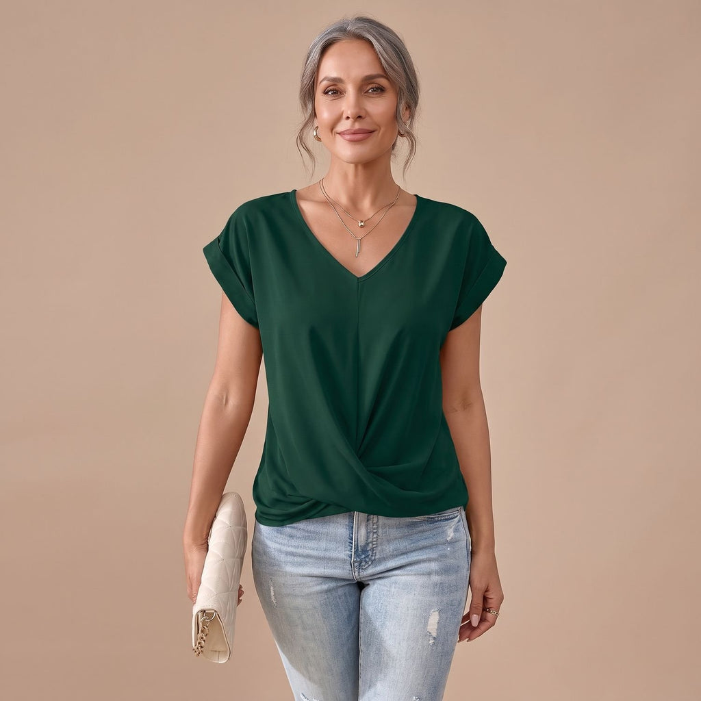 Women's V-Neck Twist-Front Cap Sleeve Blouse - Green