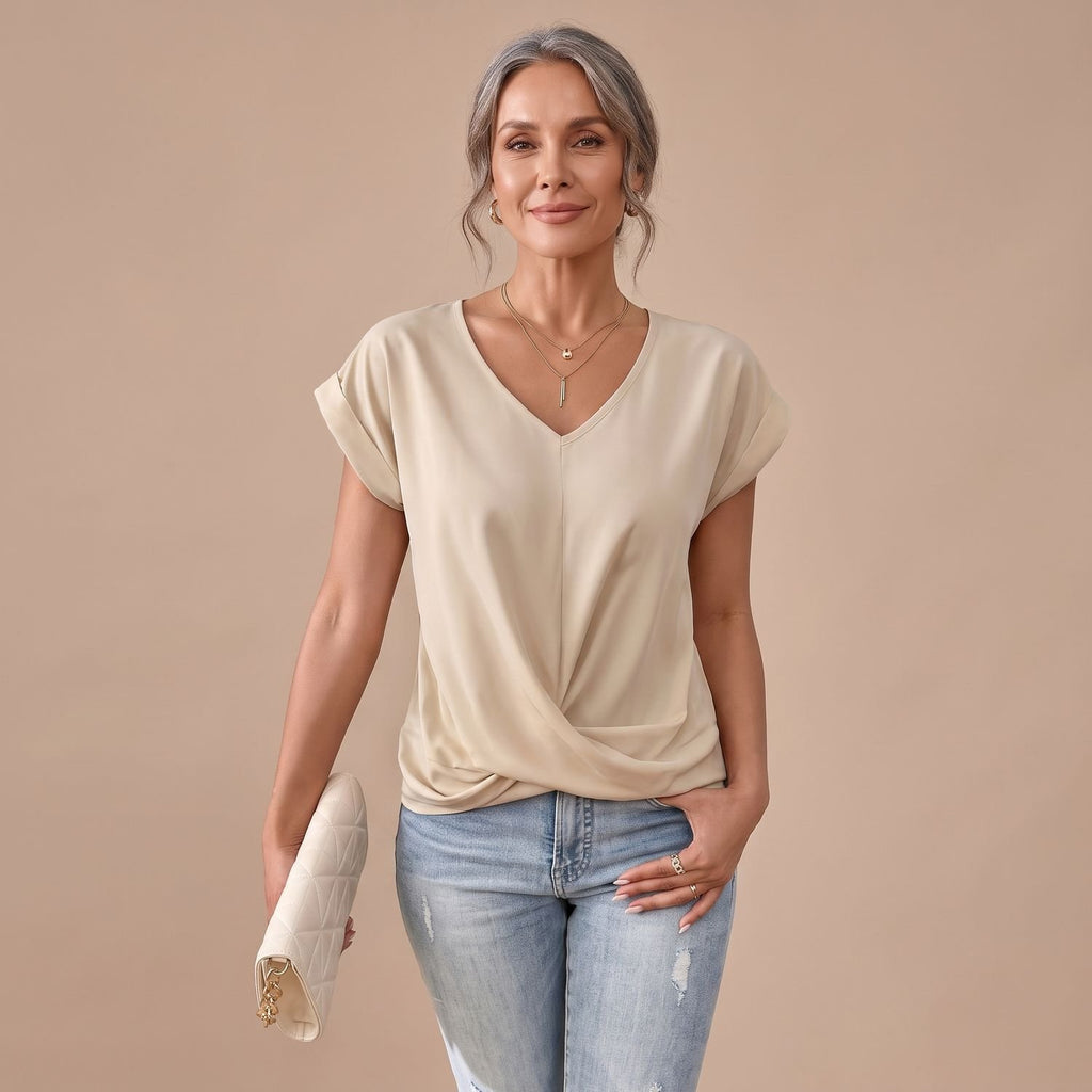 Women's V-Neck Twist-Front Cap Sleeve Blouse - Apricot