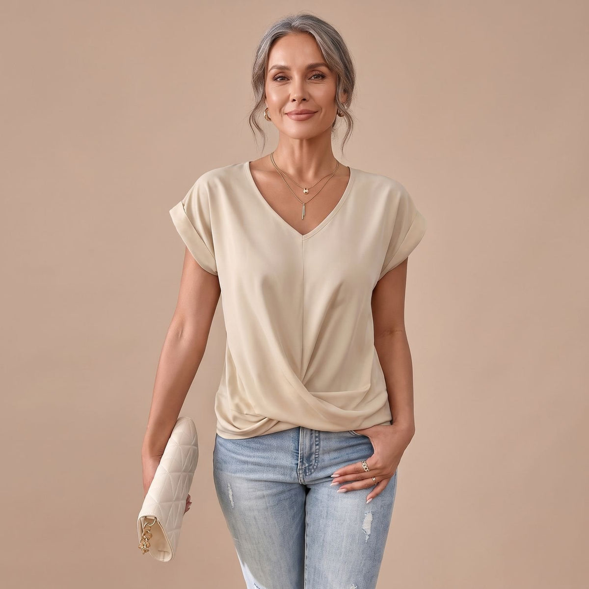Women's V-Neck Twist-Front Cap Sleeve Blouse - Apricot