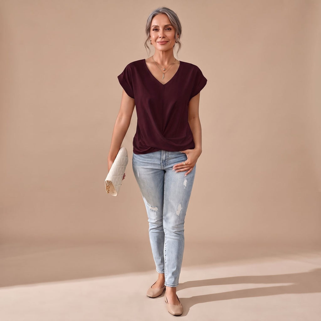 Women's V-Neck Twist-Front Cap Sleeve Blouse - Burgundy
