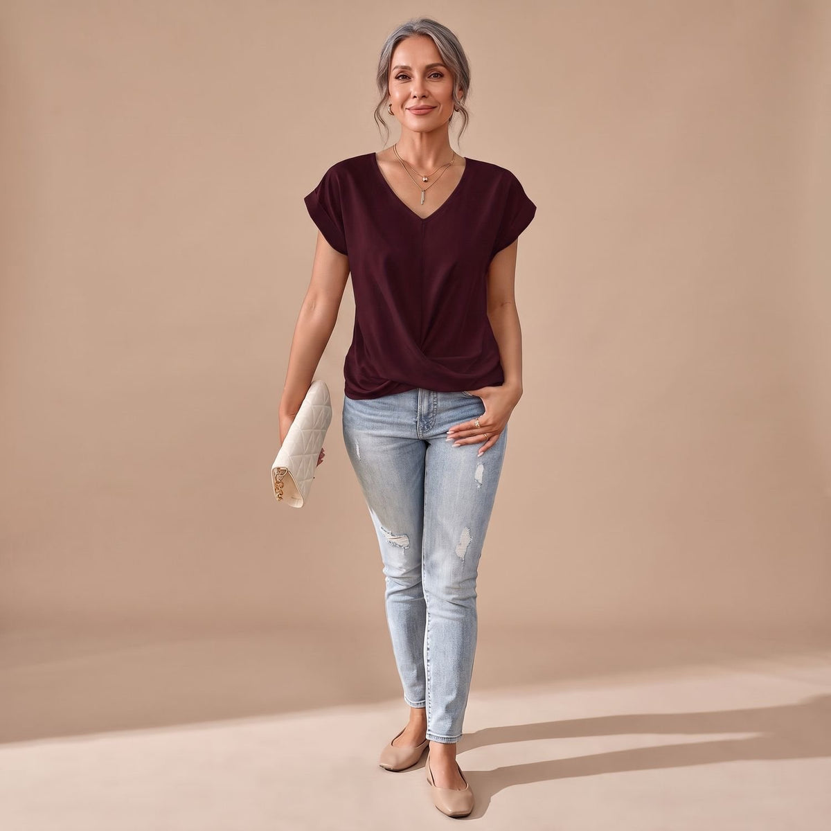 Women's V-Neck Twist-Front Cap Sleeve Blouse - Burgundy