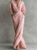 Women's V-Neck Wrap Maxi Long Sleeve Dress Ruched Waist - Pink