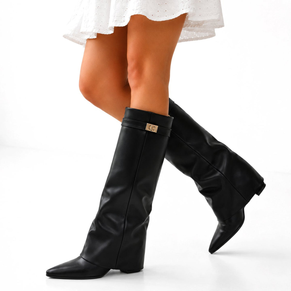 Women's Vegan Leather Knee High Boots Pointed Toe Gold Hardware - Black