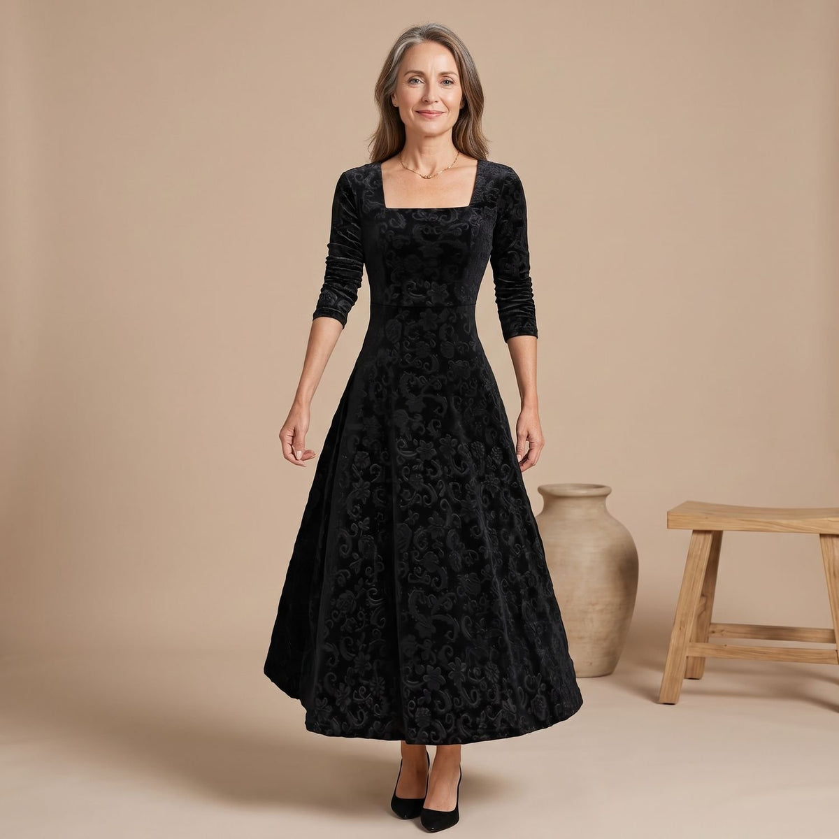 Women's Velvet Formal A-Line Square-Neck Maxi Dress - Black