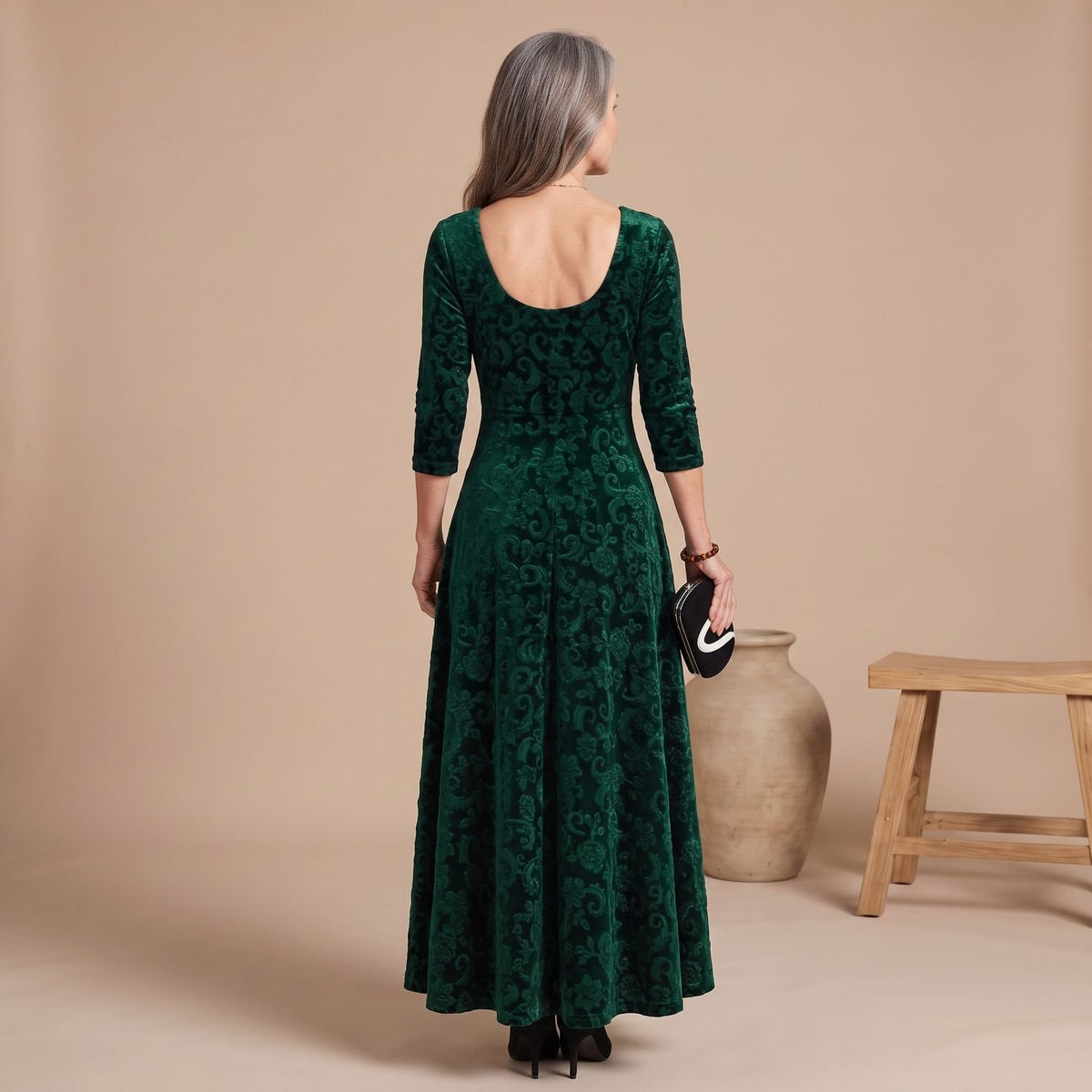 Women's Velvet Formal A-Line Square-Neck Maxi Dress