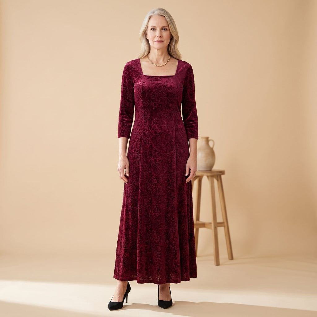 Women's Velvet Formal A-Line Square-Neck Maxi Dress - Red