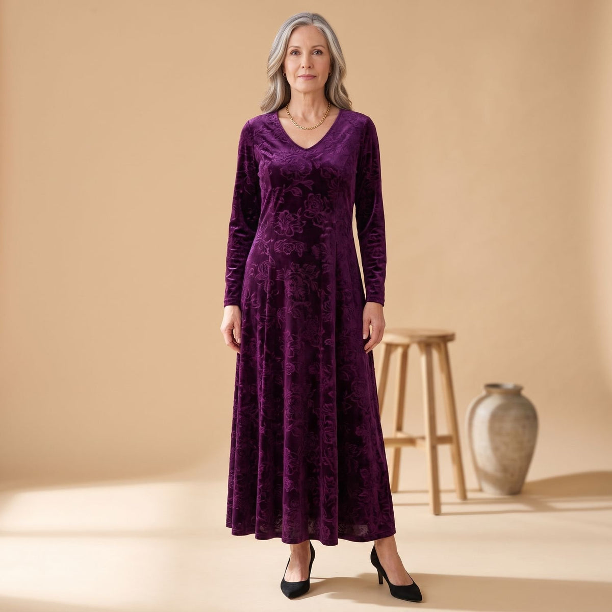Women's Velvet Formal A-Line Square-Neck Maxi Dress - Purple