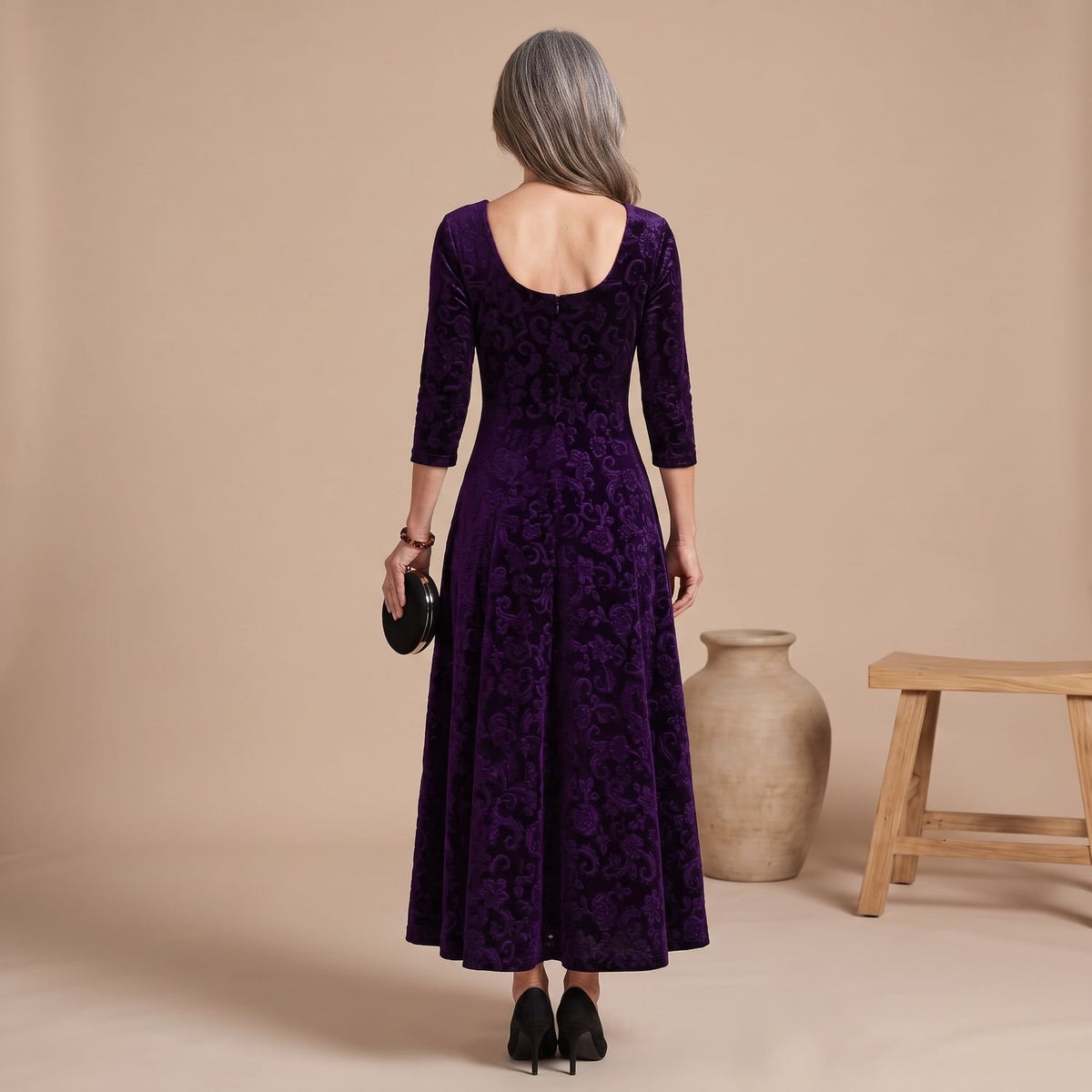 Women's Velvet Formal A-Line Square-Neck Maxi Dress