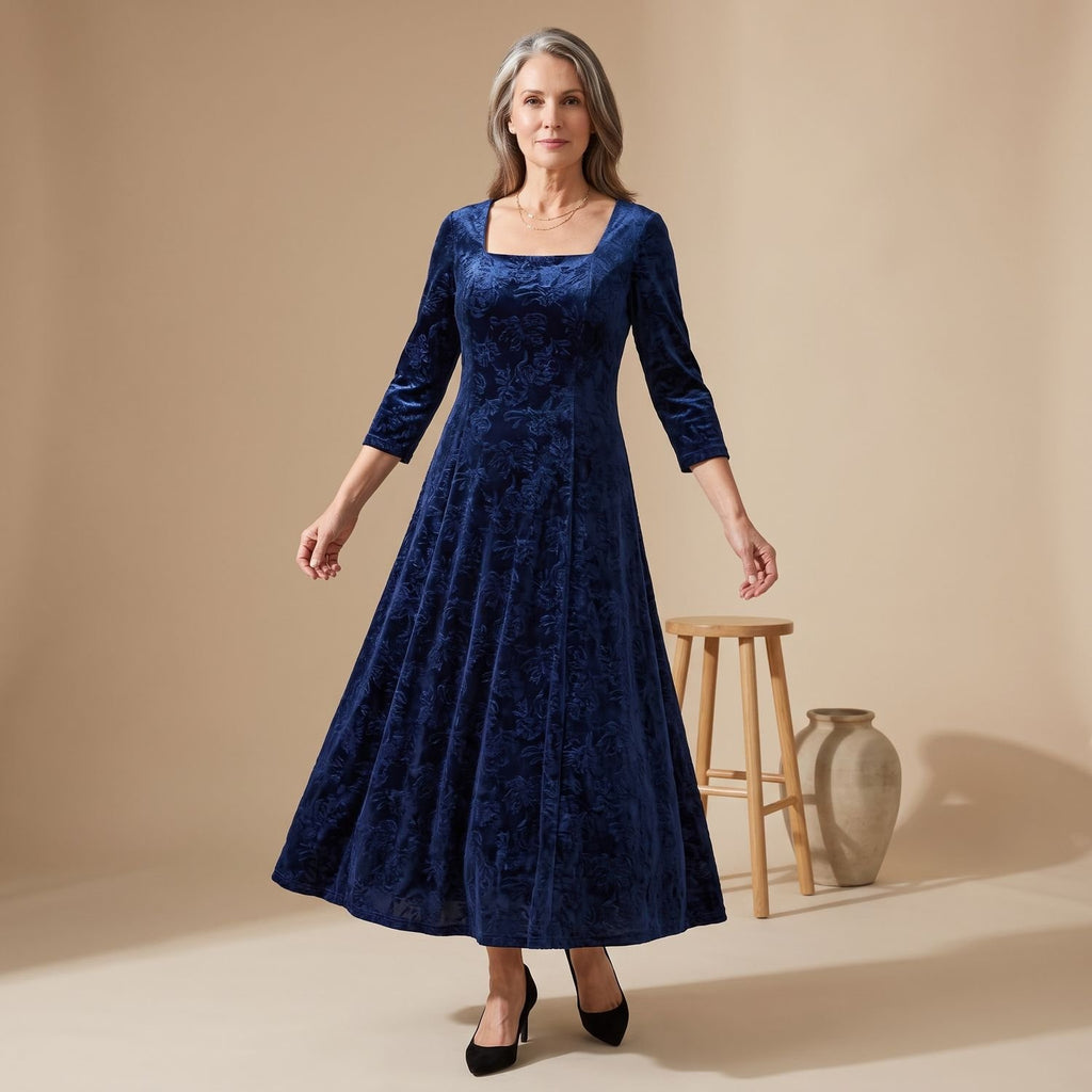 Women's Velvet Formal A-Line Square-Neck Maxi Dress - Blue