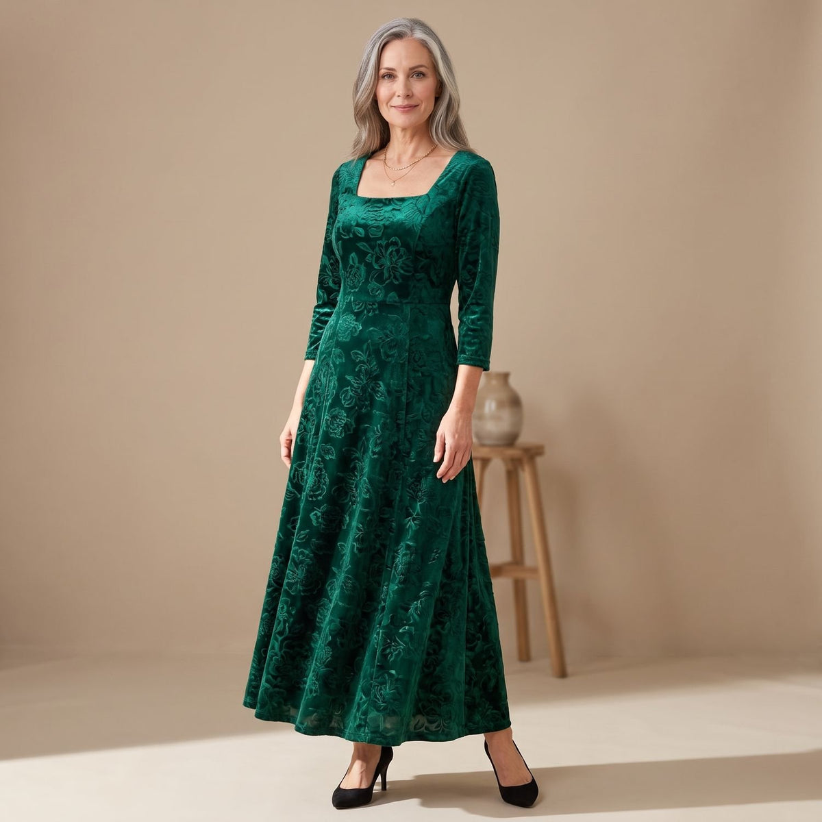 Women's Velvet Formal A-Line Square-Neck Maxi Dress - Green