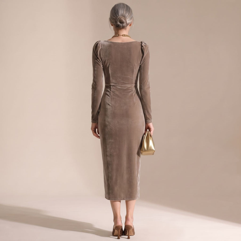 Women's Velvet Long Sleeve Cowl-Neck Ruched Midi Dress