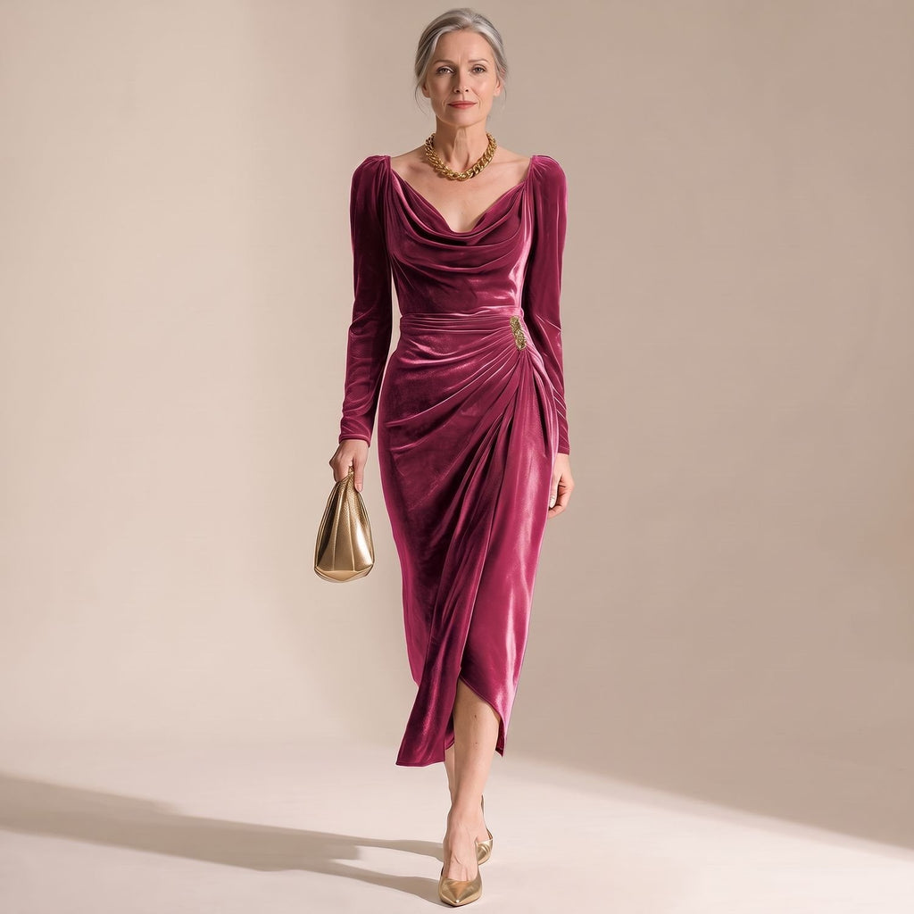 Women's Velvet Long Sleeve Cowl-Neck Ruched Midi Dress - Pink Red