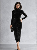 Women's Velvet Ruched Turtleneck Midi Cocktail Dress - Black