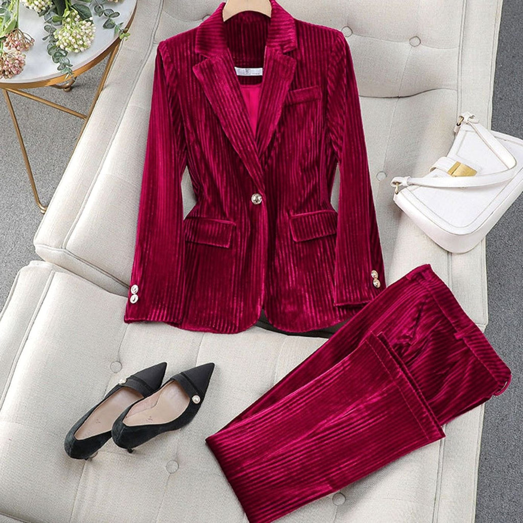 Women's Velvet Striped Single-Button Blazer Pants Suit Set - Red
