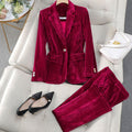 Women's Velvet Striped Single-Button Blazer Pants Suit Set - Red