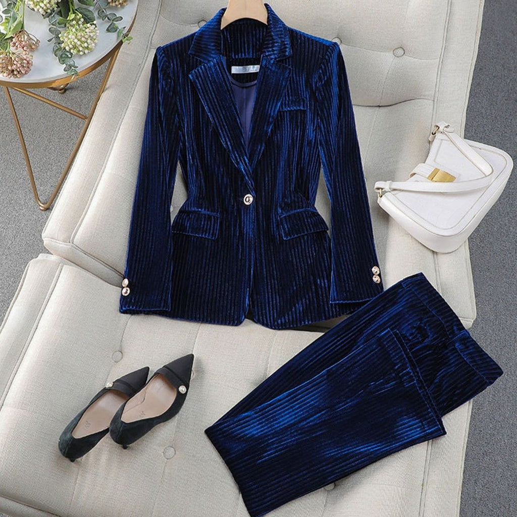 Women's Velvet Striped Single-Button Blazer Pants Suit Set - Blue