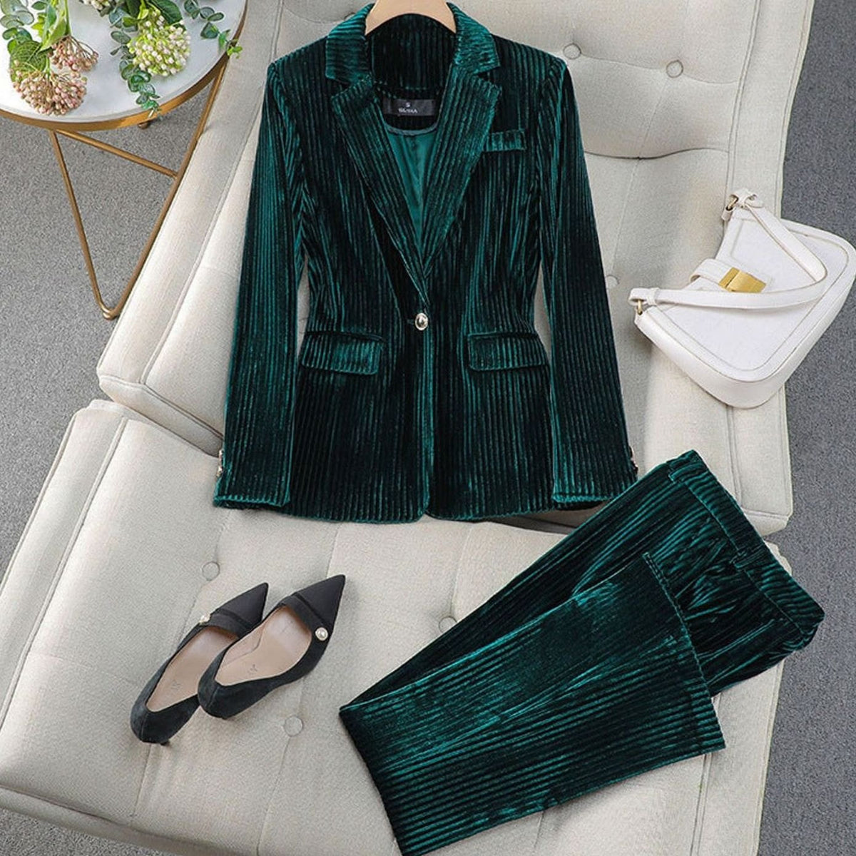 Women's Velvet Striped Single-Button Blazer Pants Suit Set - Green