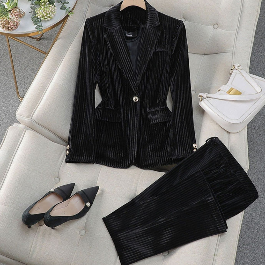 Women's Velvet Striped Single-Button Blazer Pants Suit Set - Black