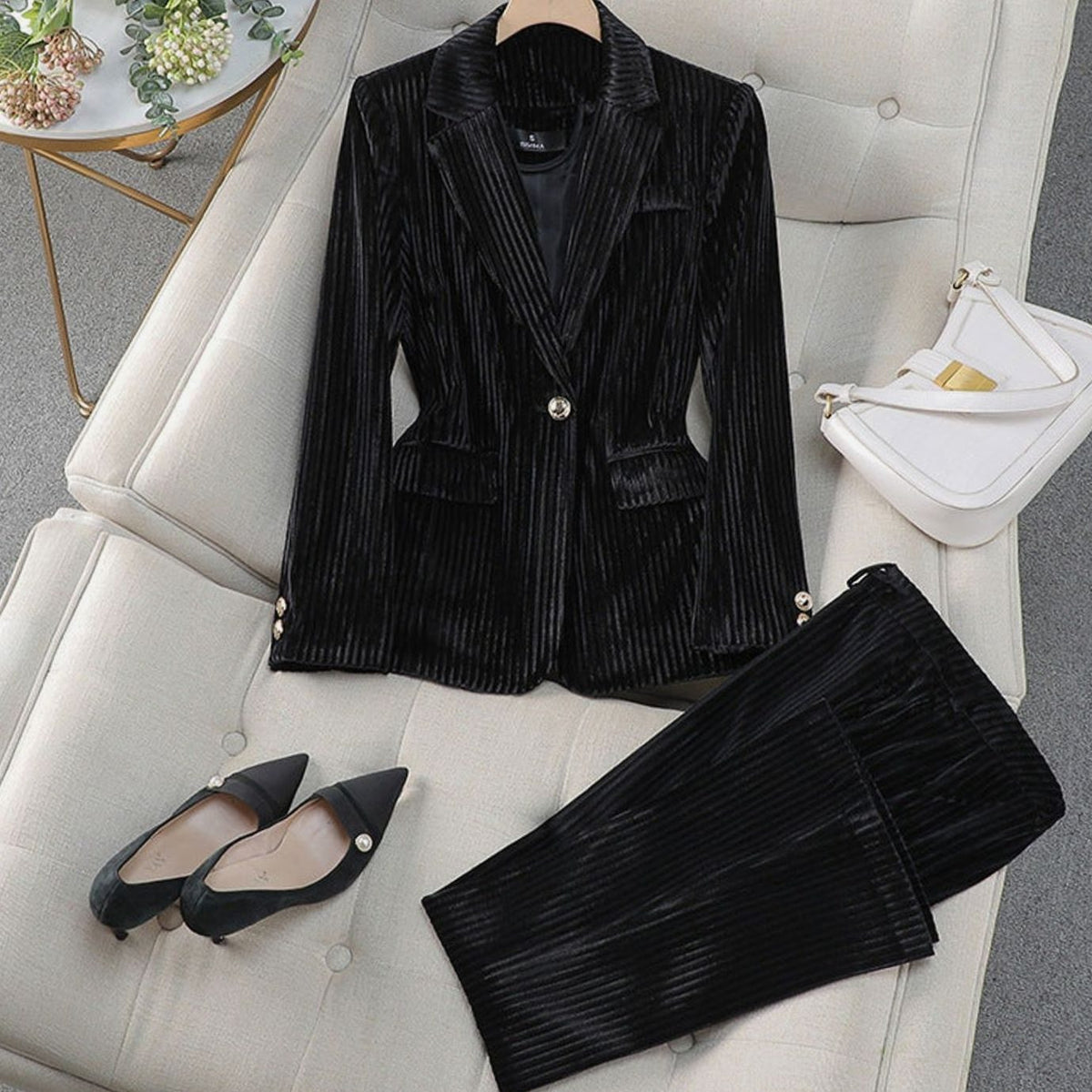 Women's Velvet Striped Single-Button Blazer Pants Suit Set - Black