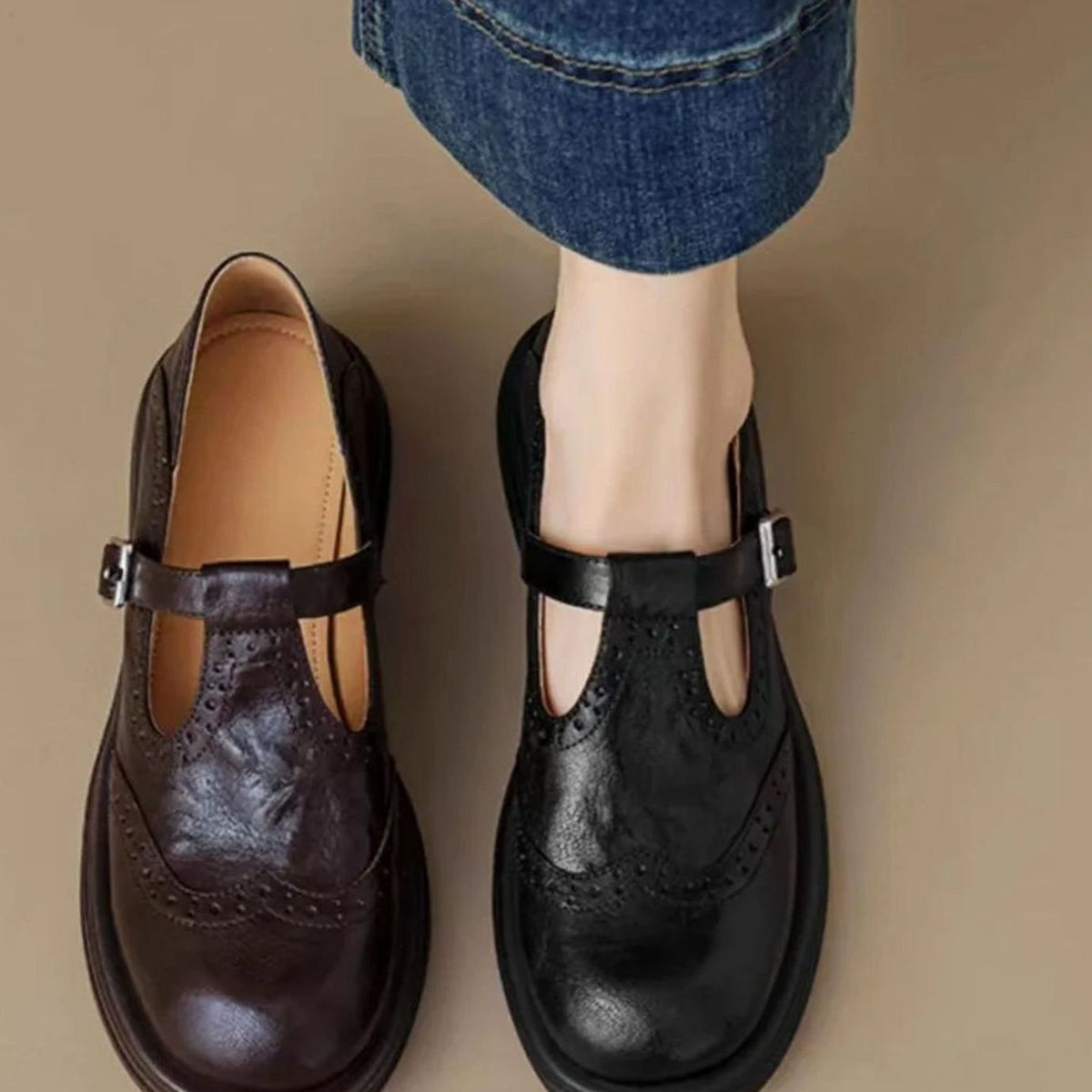Women's Vintage Brogue Leather T-Strap Mary Jane Flats
